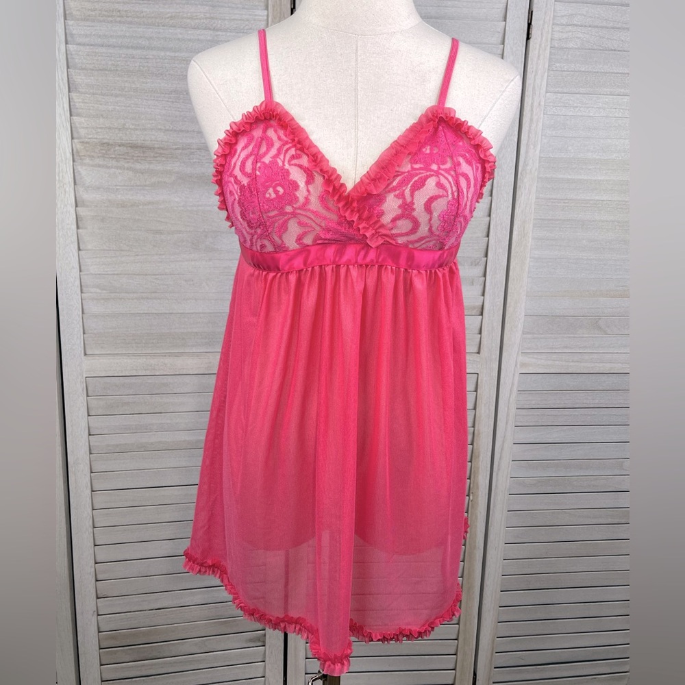 Babydoll Negligee/Lingerie Hot Pink Mesh & Lace-Medium